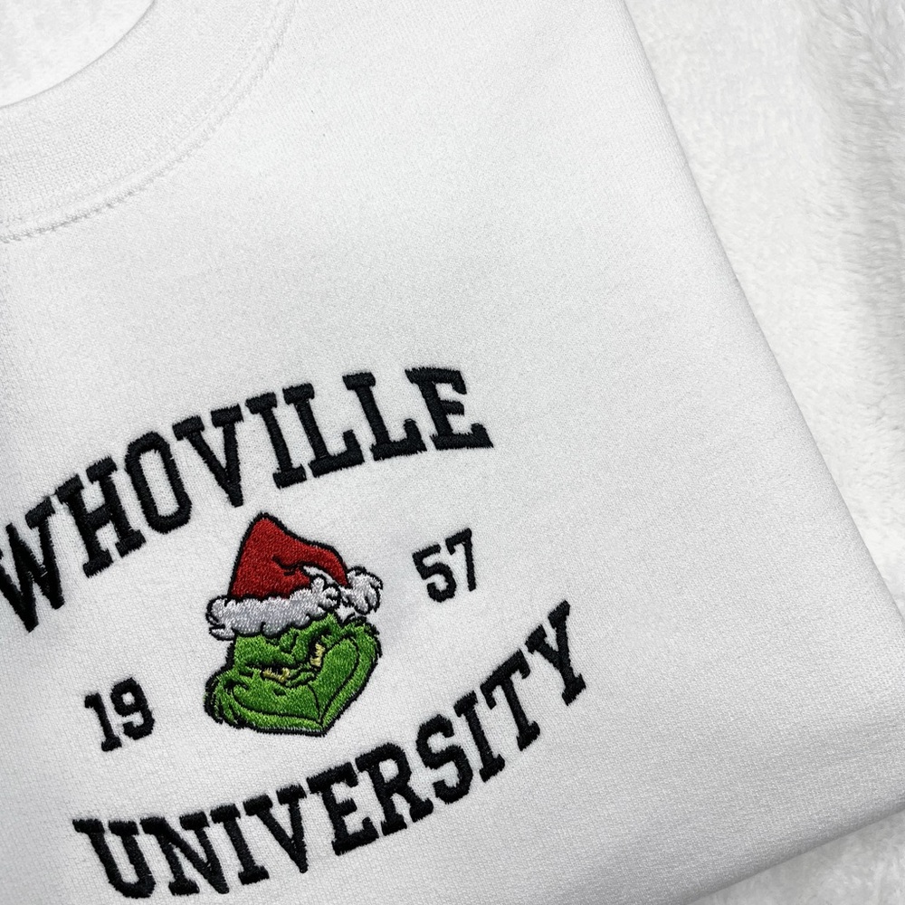 Custom Embroidered White Grinch Uni Xmas Crewneck Sweater
